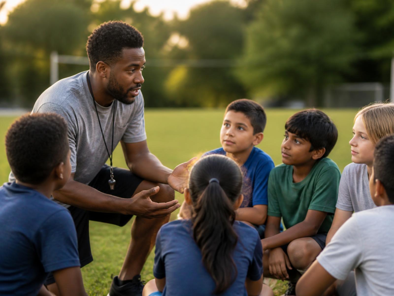 A coach encouraging a team of young athletes in a huddle on the field